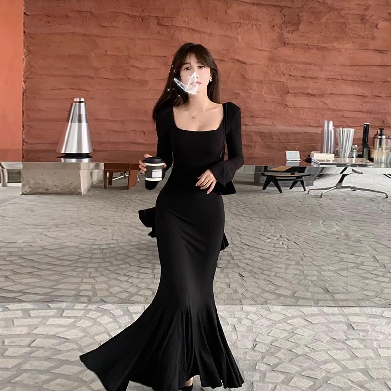 

Женское черное облегающее платье с квадратным вырезом и длинными рукавами, с подолом «рыбий хвост», для осени/зимы - Элегантный и стройнящий темперамент Small