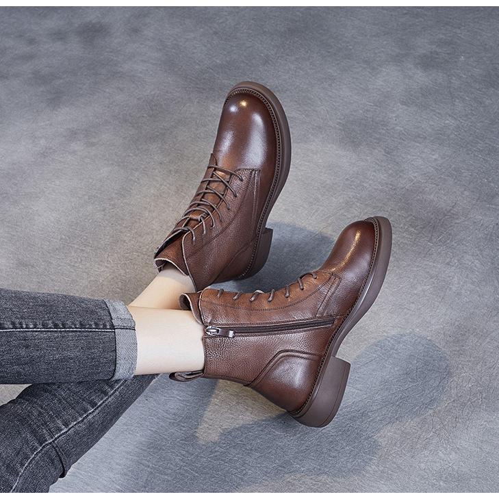 Johnature Genuine Leather Shoes Women Boots Zip Round Toe Flat With Handmade Retro Lace-up Sewing Casual Platform Boots