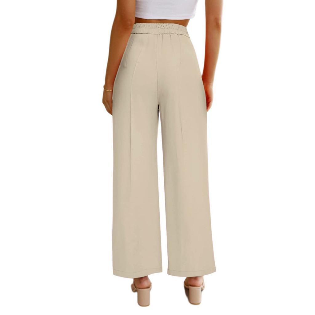 Women's Color Casual Wide Leg High Waist Button And Zipper Elastic Waist Pants With Pockets