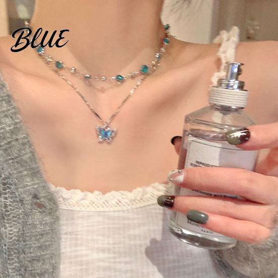 Lightweight Butterfly Jewelry Blue Necklace Women Rhinestone Choker Pendant Versatile