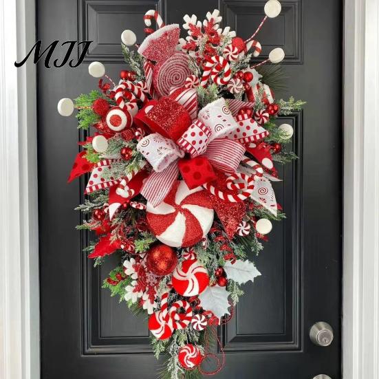 Bedroom Living Room Festive Decor Candy Cane Christmas Teardrop Swag, Red White Striped Peppermint Swag Durable Seasonal Wall Hanging Wreath for Front