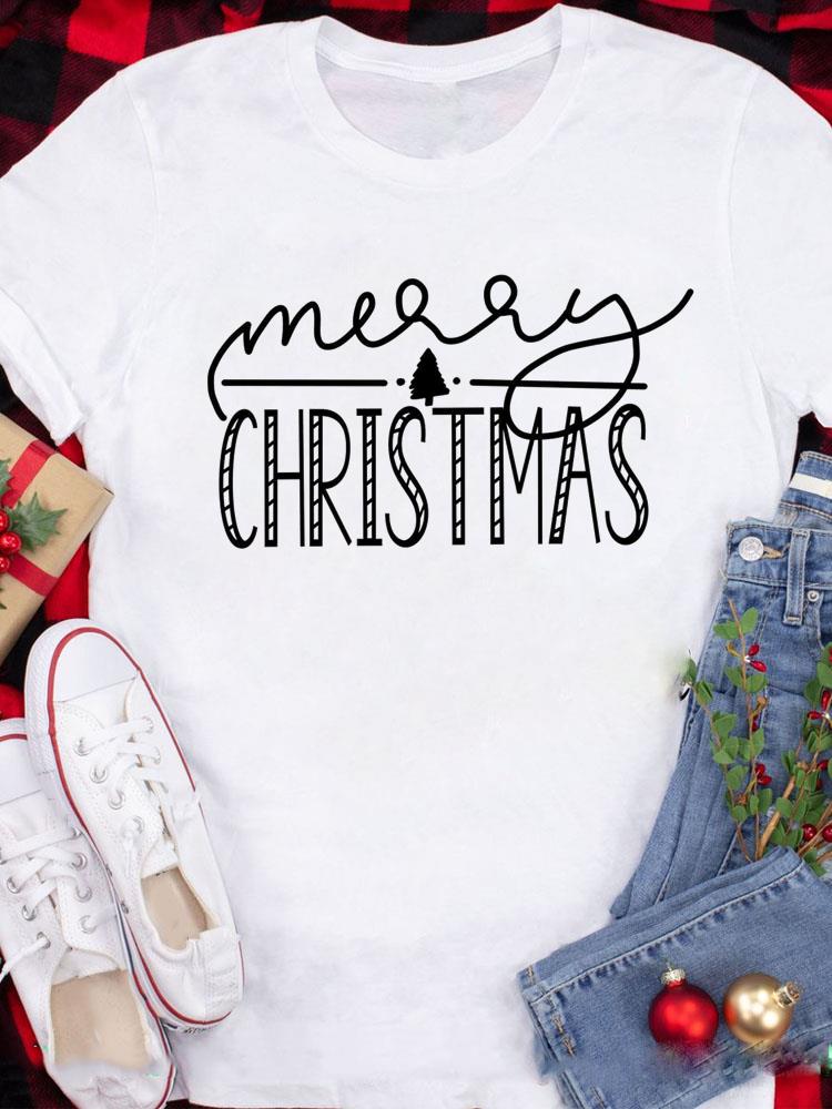 (Asian Size) Tee Top festival  Merry Christmas New Year Holiday Casual tree cute 90s Women Print Lady Short Sleeve Fashion Graphic T-shirts