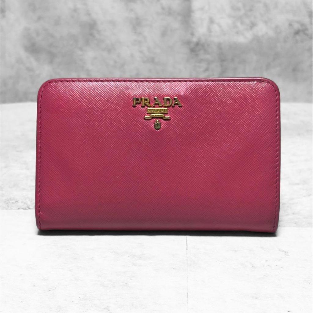 Used PRADA Popular Color Bi-fold Wallet Saffiano Leather Logo Hardware Pink