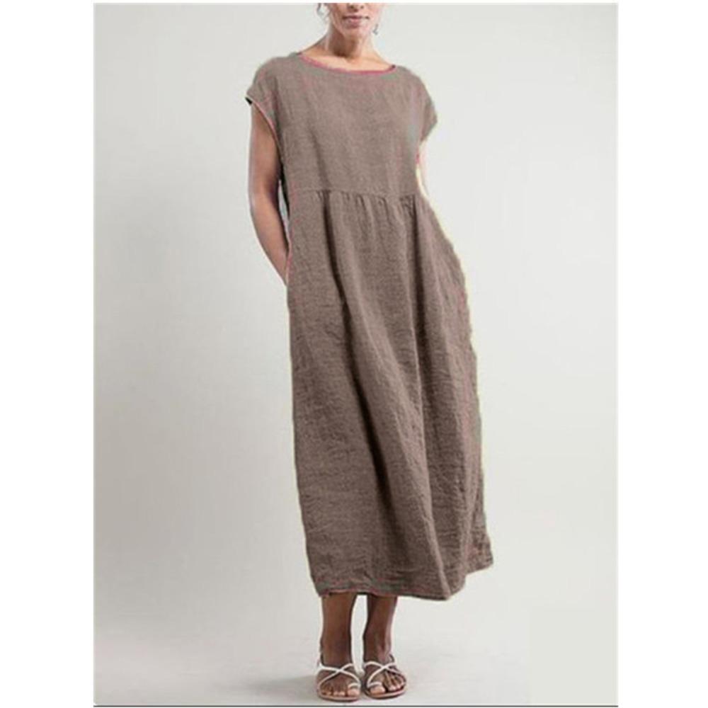 Women's Round Neck Short Sleeve Loose Linen Maxi Dress with Pockets