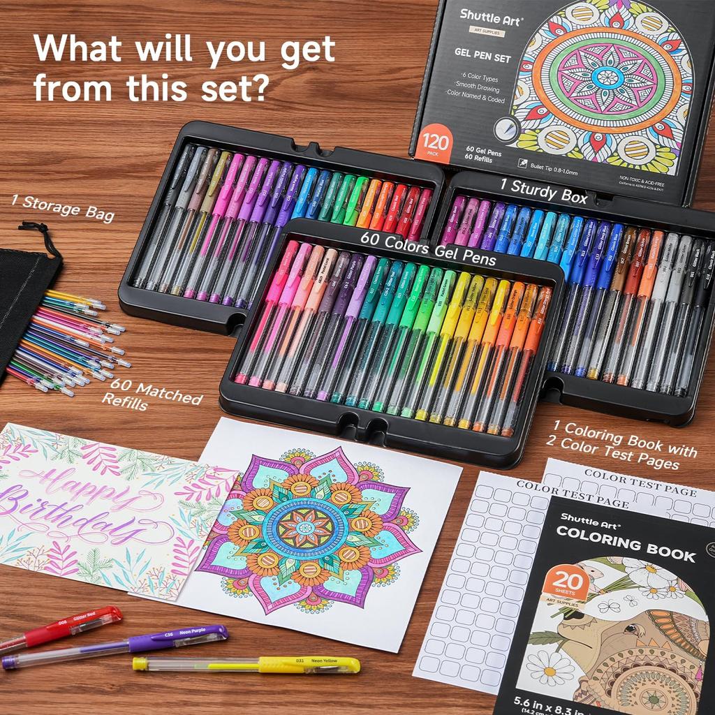 Shuttle Art Gel Ballpoint Gel Set with and Glitter Perfect for and Includes a Portable Tin Case for Easy Perfect for and Pens, 120-Pack, Water-Based