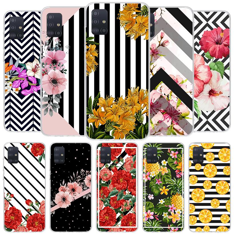Black White Stripes Flower Cover Phone Case For Samsung Galaxy A12 A22 A32 A52 A72 A02S Phone Case Note 20 Ultra 10 S10 Plus A51