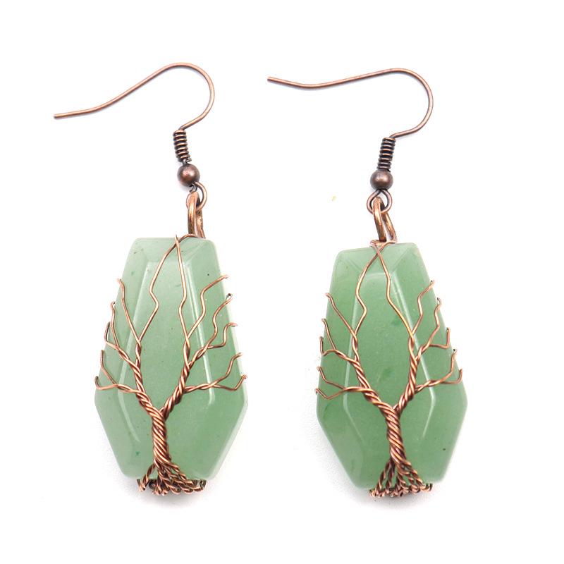 Handmade Agate Coffin Board Tree of Life Earrings - Natural Stone Crystal Dangle for Wealth and Harmony.