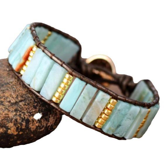 SJ Natural Emperor Stone Woven Leather Bohemian Bracelet Unisex Handmade Gemstone Jewelry Gift