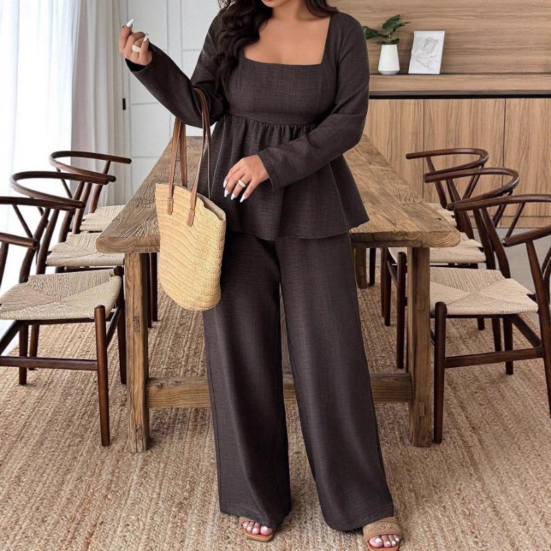 Square-neck Lotus Leaf Hem Long Pants, Plus-size Fashionable Long-sleeved Lotus Leaf Top, Wide-leg Long Pants Two-piece Set