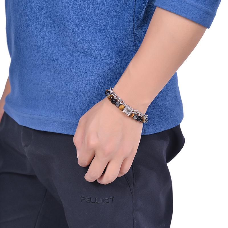 2025 Men's Double Layer Tiger Eye & Black Magnetic Stone Stainless Steel Bracelet with OT Buckle