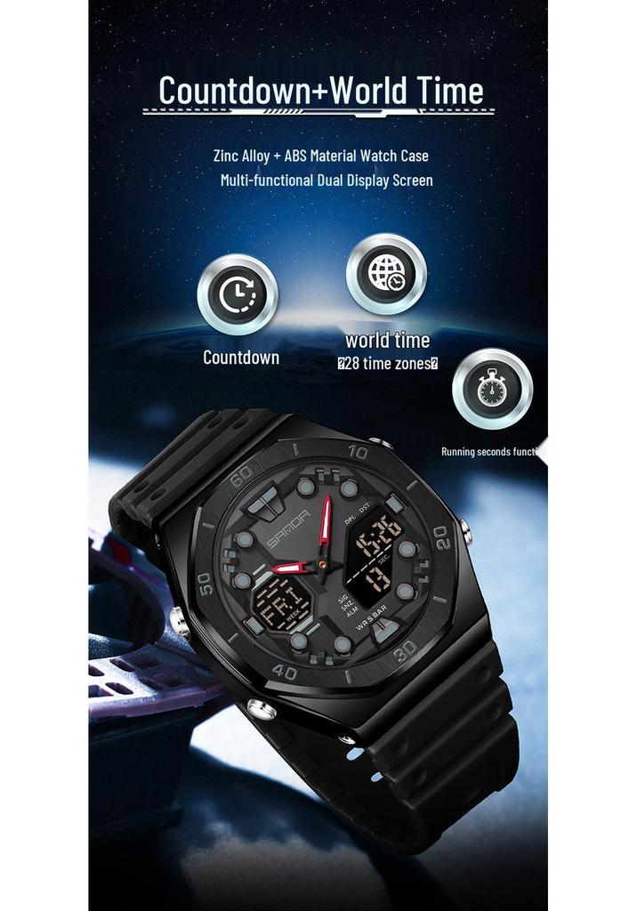 Sanda Men's Trendy Dual Display Casual Watch - Waterproof, Luminous, Octagonal Design with Countdown & Snooze Functions.