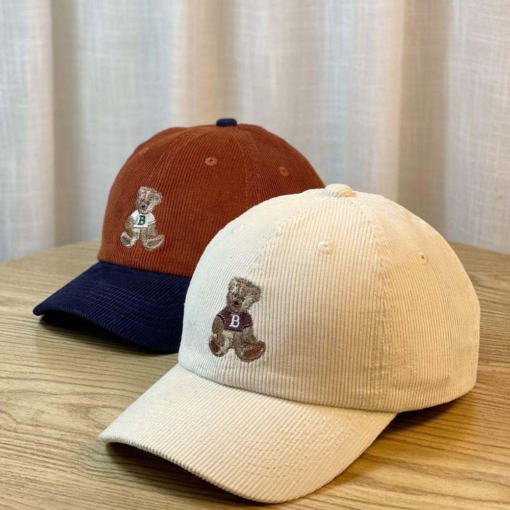 Embroidered Bear Baseball Hat Corduroy Outdoor Sport Hat Cute Travel Sunshade Hat