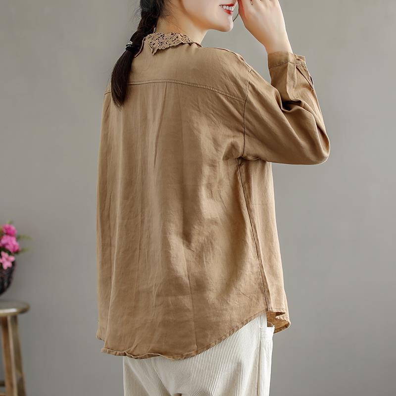 Wiosna Jesień Etniczny Styl Vintage Koronkowa Bluzka Bawełniana z Golfem Damska Długi Rękaw Uniwersalny Top z Guzikami Kobiety Luźna Casualowa Koszula