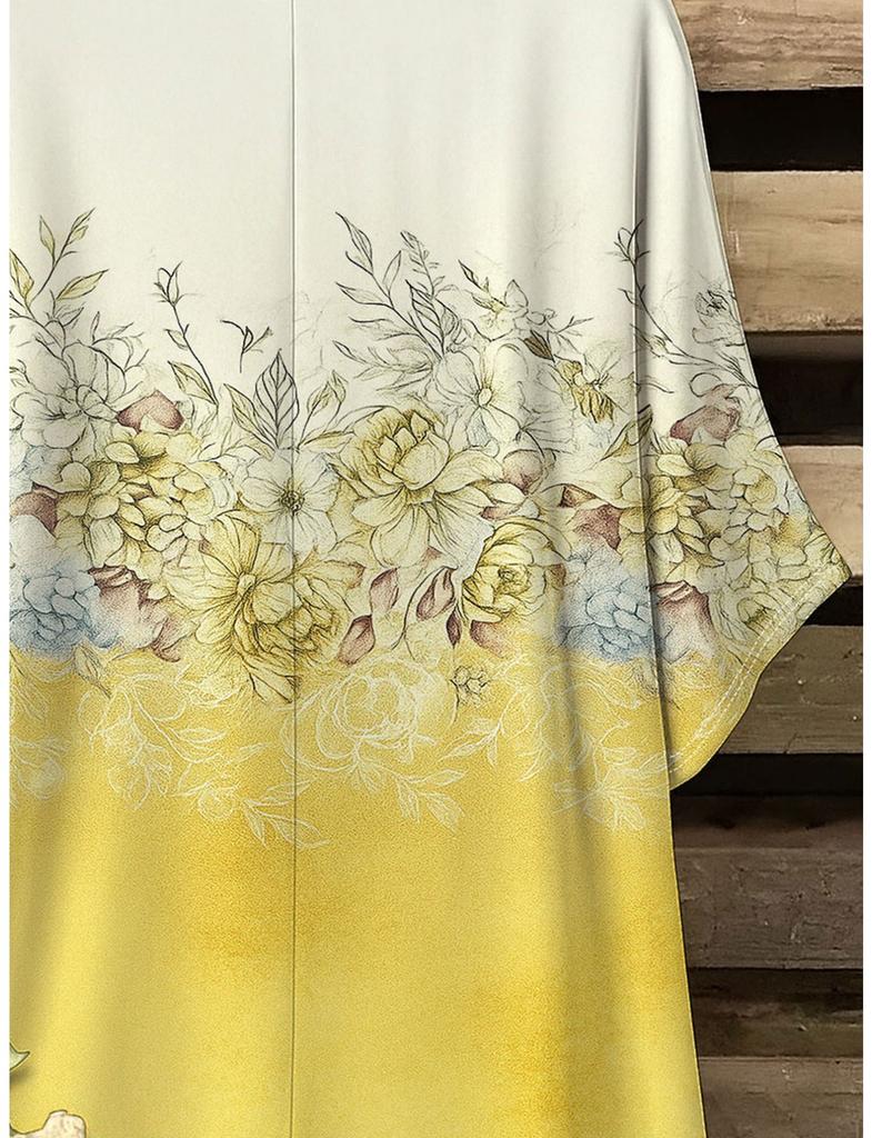 Floral pattern women's large size short-sleeved T-shirt, irregular hem design, digital printing four seasons T-shirt