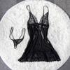 Women's Sexy Pajamas Lace Nightdress And Thong Nightwear Solid Color Sleepwear Sets Black Underwear Ice Silk Transparent Dress
