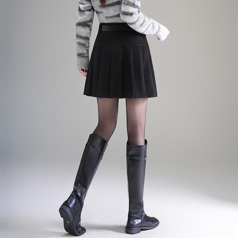 Women's 2025 Autumn/Winter High-Waisted Pleated Wool A-line Mini Skirt