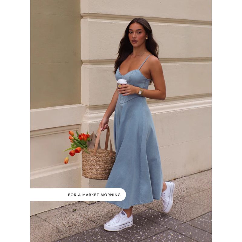 

Suspension Dress Western Style 2025 Summer New Sleeveless Sling Slimming Denim-like Fabric Dress Blue XL