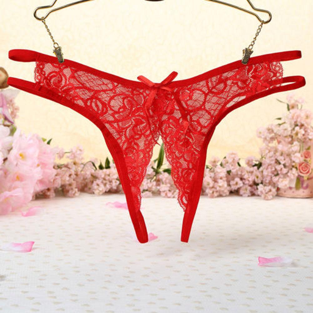 Lace Panties Crotchless Underwear Thongs Women G-string Sexy Floral Bow Briefs