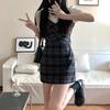 Sweet Spice Girl Fake Two-piece Shirt Splicing Skirt Summer College Style Plaid Design Sense Waist Bubble Sleeve A-Word Short Skirt