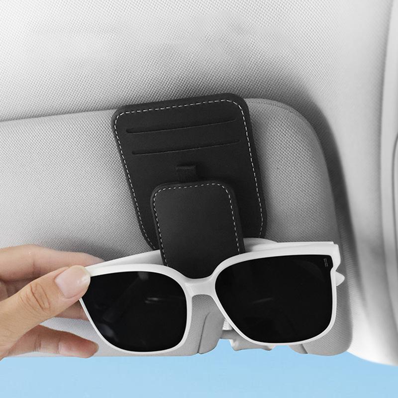 Sunglass Holder For Car Sun Visor, Magnetic Leather Vehicle Eyeglass Hanger Clip, Automotive Interior Glasses Card Organizer