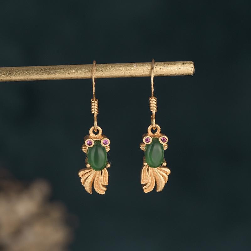 Chinese-Style Gold Plated Koi Fish Earrings: Dangle Design with 925 Silver Needles, Inlaid Natural Chalcedony Agate.