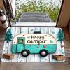 Cute Happy Camper Doormat Teal Vintage RV Pine Tree Bird Heart Print Farmhouse Wooden Background Mat For Camping Lover Entryway