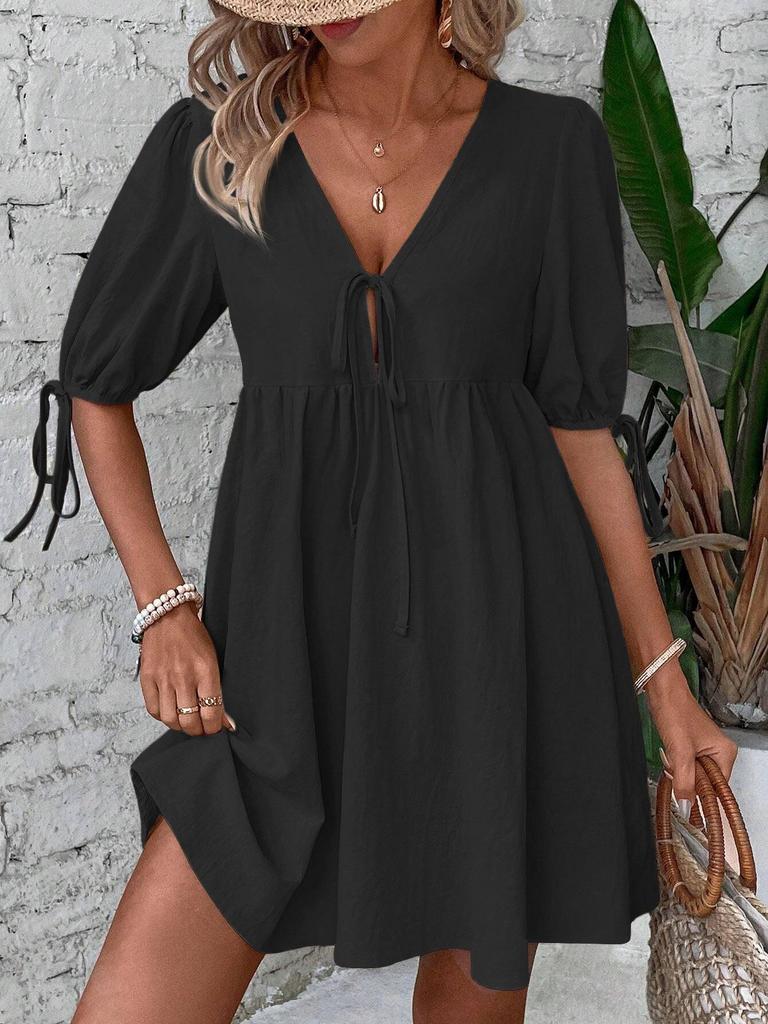 2024 Elegant Loose Woven Deep V-Neck A-Line Dress with Chest Tie