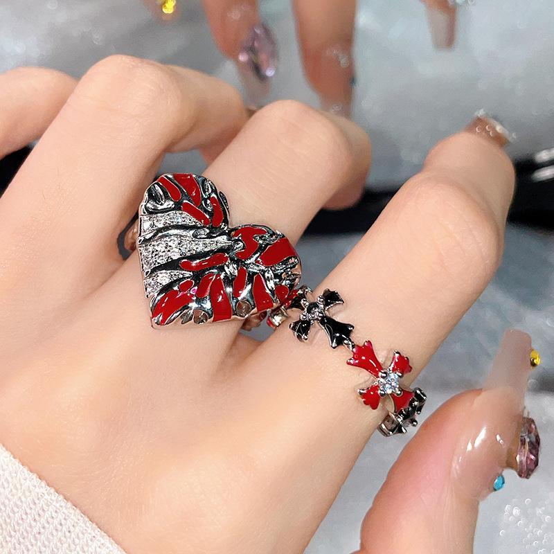 Personalized Red Enamel Dripping Oil Big Love Cross Open Ring Fashion High Sense Index Finger Ring Jewelry