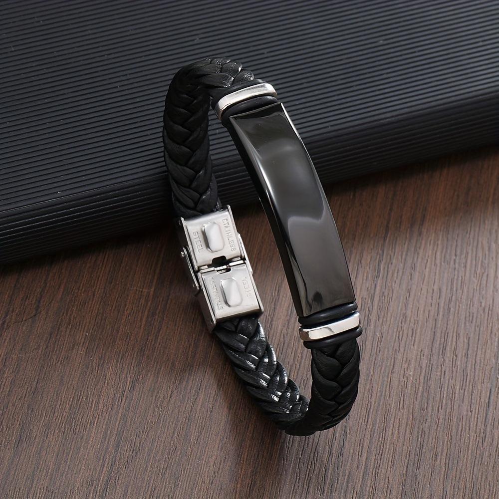 Titanium Steel Woven Leather Bracelet For Men Minimalist Polished Cuff Wristband Fashion Accessory