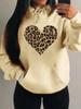 Women's Loose Leopard Heart Print Fleece Hoodie