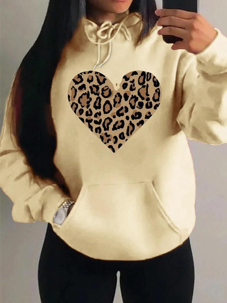 Women's Loose Leopard Heart Print Fleece Hoodie