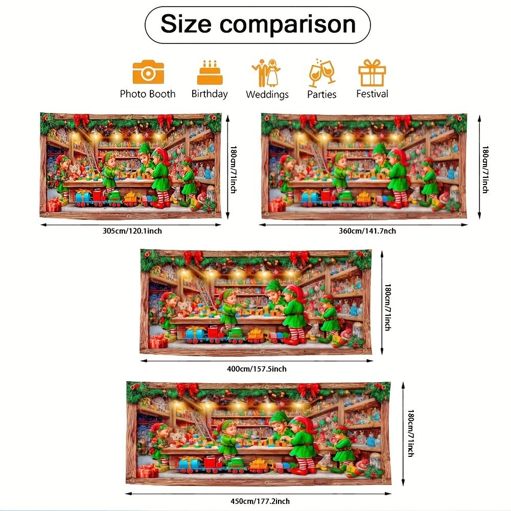 2D flat 1pc Santa Claus and Elves Workshop garage door banner - Holiday Christmas scene with train, holiday decoration