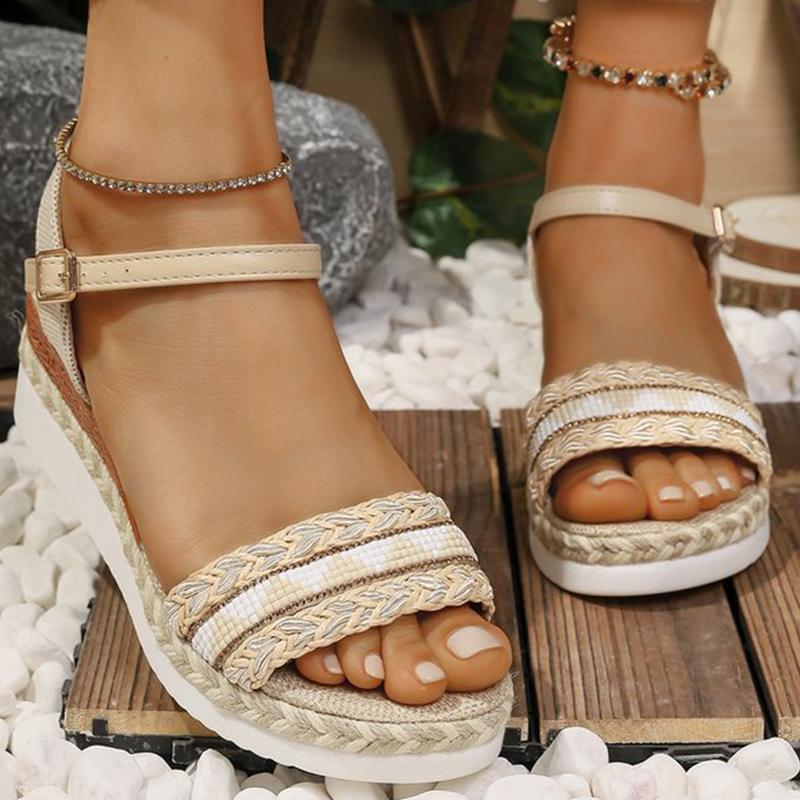 Fashion Bohemian Braided Wedge Sandals for Women Summer 2025 Beach Casual Ankle Strap Sandles Woman Plus Size Med Heel Sandalias Ladies