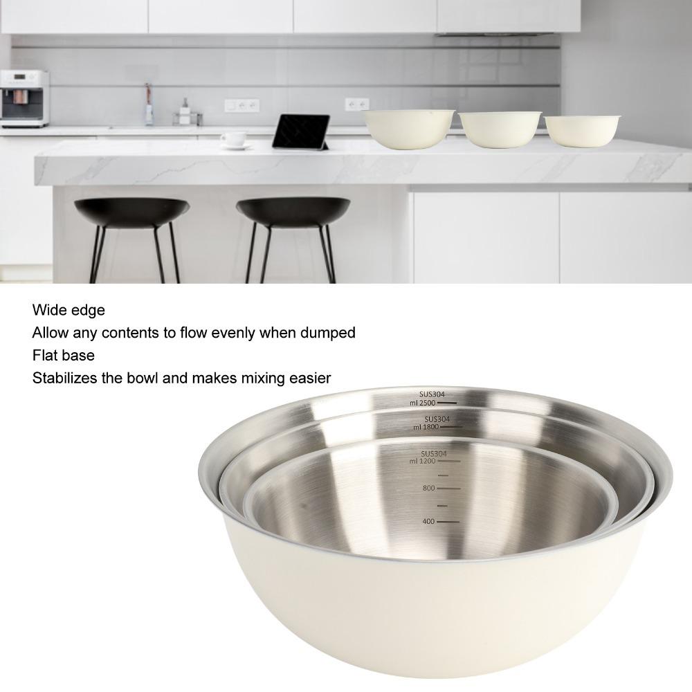 3Pcs Food Safe Smooth Surface Salad Mixing Bowl Round Marked Fruit Cleaning Bowl Kitchen белый