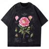 Washed Vintage Peony Botanical Graphic T Shirt Retro Flower Science Illustration Print Unisex Cotton Short Sleeve Top Hot Sale