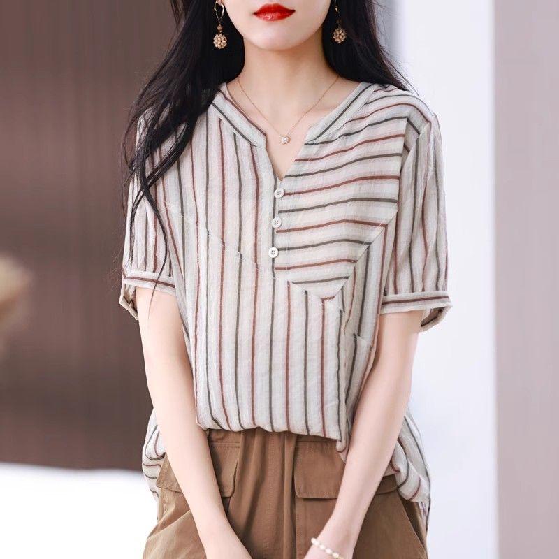 Striped Short-sleeved Shirt for Women's New V-neck Chiffon Top Summer Clothes Mother's Fashionable and Fashionable Casual Shirt
