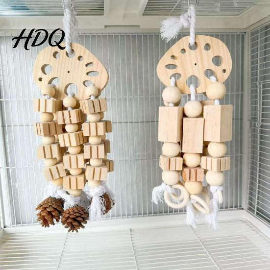Parrot Boredom Relief Toy Wooden Blocks Toy Bird Chew with Beads Pinecones Safe Natural Chewing for Parrots Beak Grinding Cage Accessory Macaws