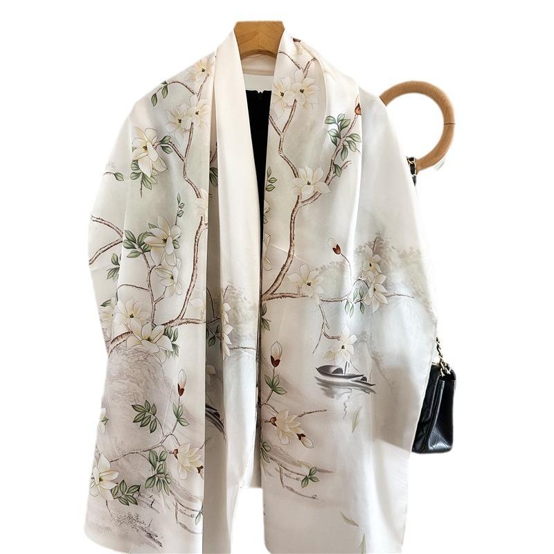Temperament Magnolia Plain Crepe Satin Silk Long Silk Scarf Women's Spring Summer Temperament Versatile Decorative Mulberry Silk Scarf