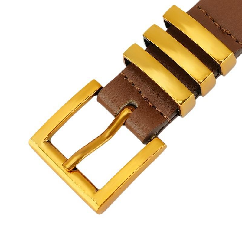 Women's 2.4cm Alloy Solid Electroplated Pin Buckle Black Brown Slim Retro Cowhide Belt