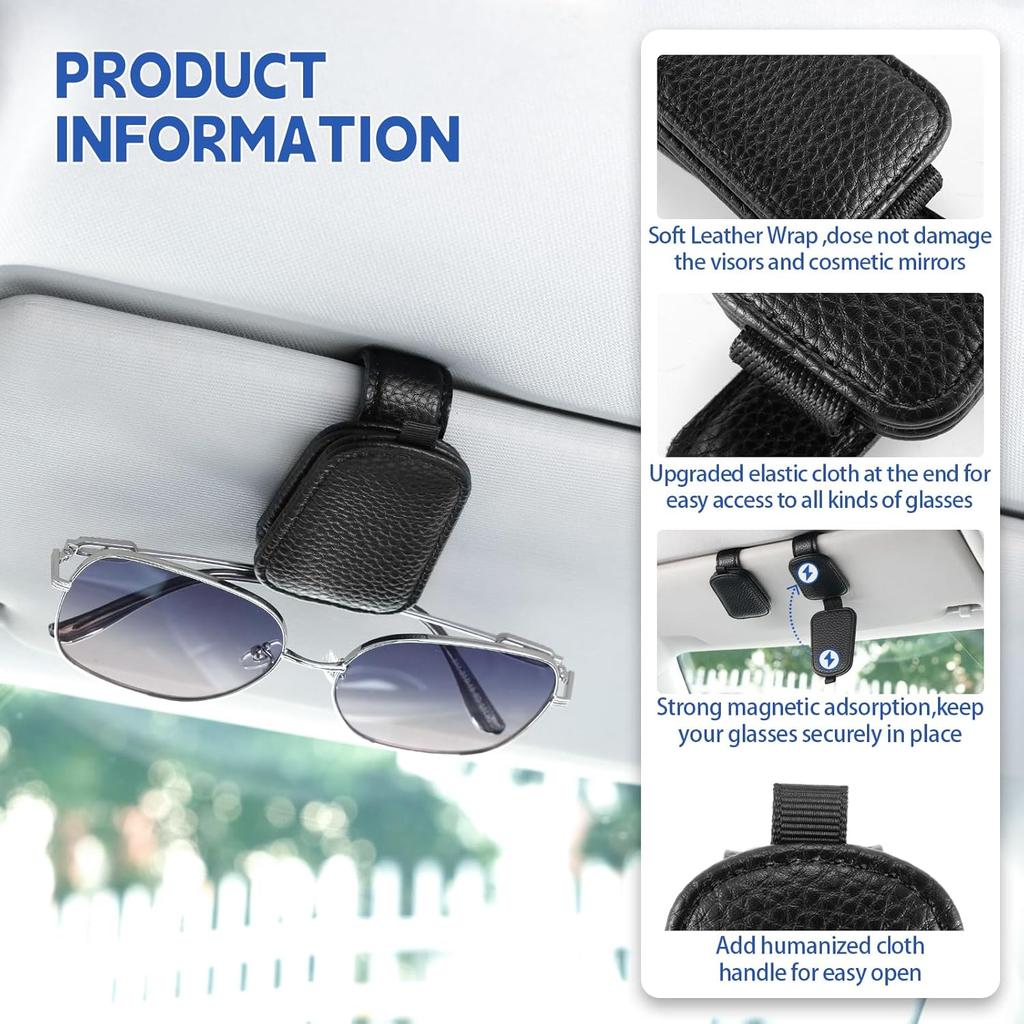JUSTTOP 2Pack Sunglasses Holders For Car,Magnetic Leather Buckle Sun Visor Sunglass Clip,Ticket Card Clip Sunglasses Mount,Car Interior Accessories