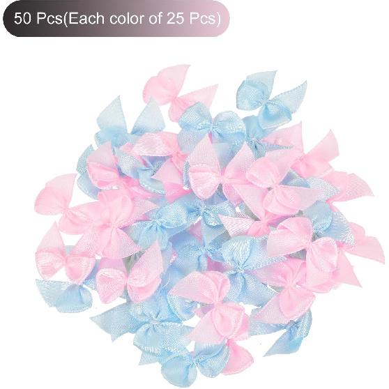 MECCANIXITY 50Pcs Mini Ribbon Bow 1" Mini Fabric Satin Ribbon Flower Bows for Craft DIY Sewing Wedding Birthday Party Pink & Blue