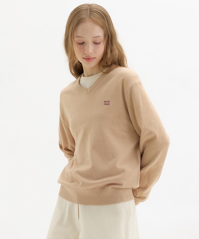 MARIE CLAIRE Basic Logo Wool V-Neck Knit (Magckn03Mbe)