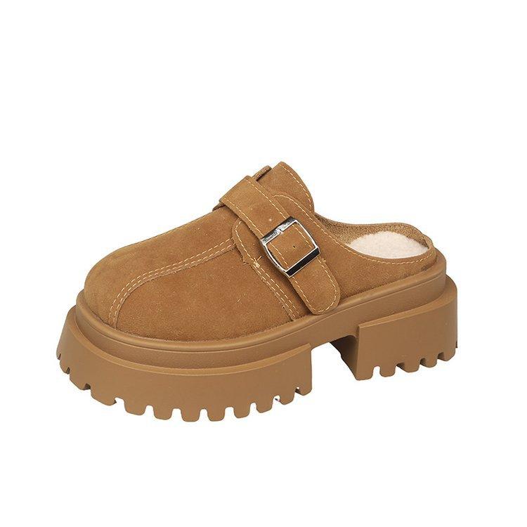 Muffin Dicksohlige Samt Halbschuhe Damen 2024 Winter Retro Vielseitig Höhenerhöhung Quadratischer Kopf Ein Pedal Taschenkopf Hausschuhe Oberbekleidung