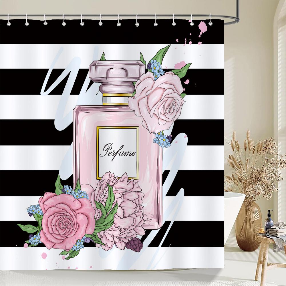 Sexy Red Lips Pink Print High Heel Shower Curtain Cosmetic Perfume Pink Girl Bedroom Decor Curtains Waterproof Bathroom Curtain