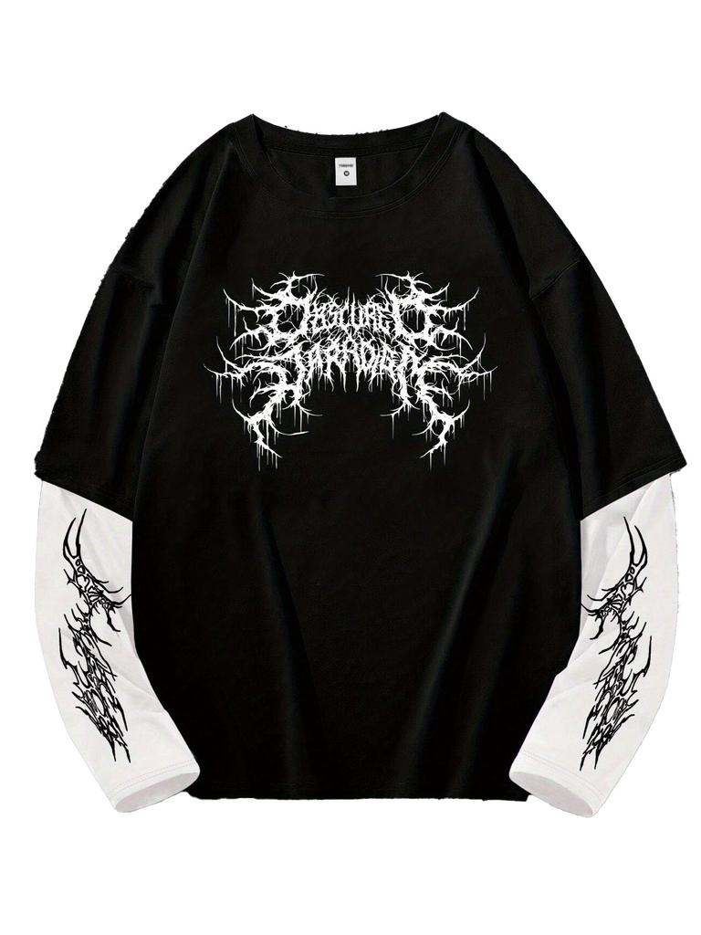 Herren Y2k Goth Shirt Grafik Oversized Langarm Rundhals T-Shirt Streetwear Oberteile Frühling Passform