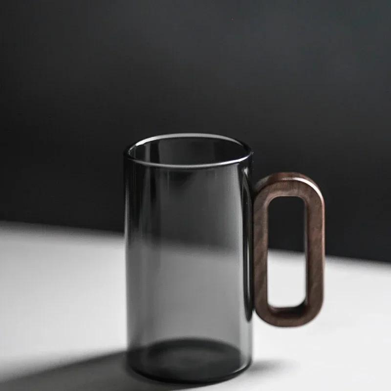 JUSTINLAU 360ml Szklane Filiżanki do Herbaty Wysokie Borokrzemowe Odporne na Ciepło Przezroczyste Filiżanki do Kawy Drewniany Uchwyt Kubek do Picia Wody Naczynia do Napojów