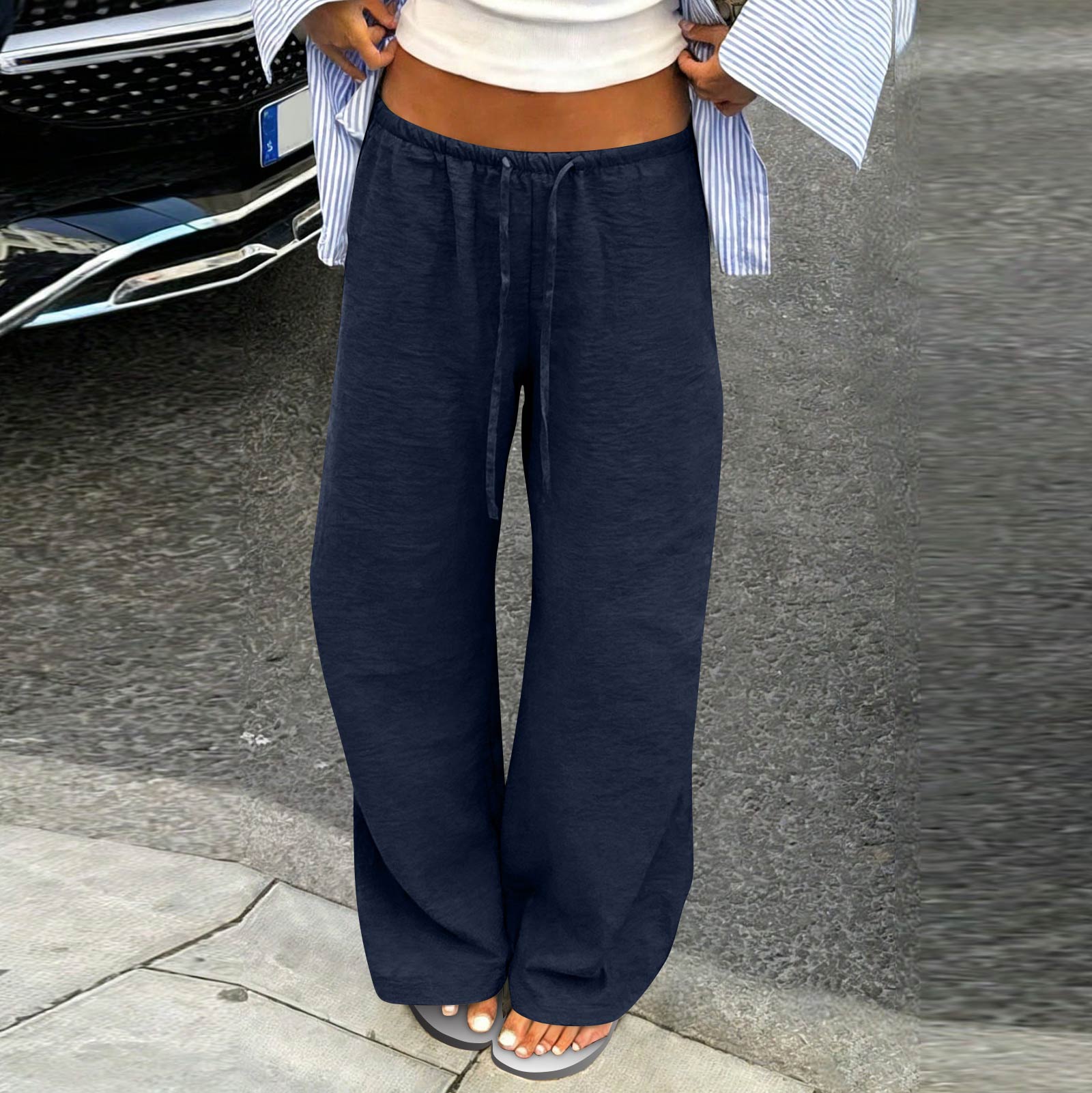 

Women Wide Leg Split Pants High Waist Drawstring Waistband Casual Beach Trousers with Pockets Loose Fit Comfortable Design L тёмно-синий