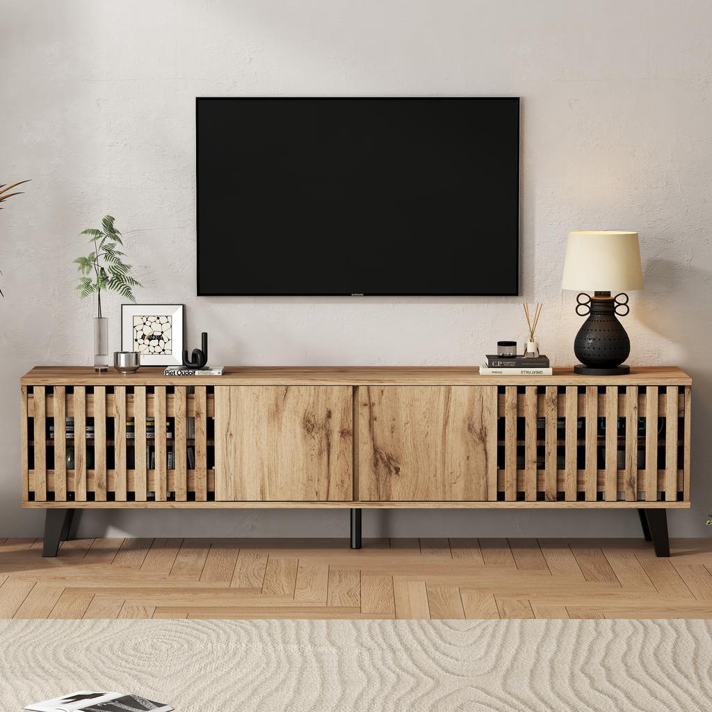 TV Cabinet (180×40×55 cm) and Sideboard (150×40×95 cm), Natural Wood – 8 Compartments, 6 Storage Compartments, Suitable for Living Room and Bedroom