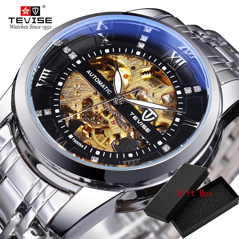 Fashion Tevise Retro Diamond Design Black Gold Mechanical Top Brand Automatic Full Steel Luxury Skeleton Waterproof Wrist Watch