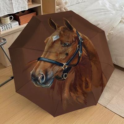 1pc Horse Head Pattern Small Travel Automatic Folding Umbrella, Compact Windproof Umbrella, Automatic Open/Close ,Gift-091558